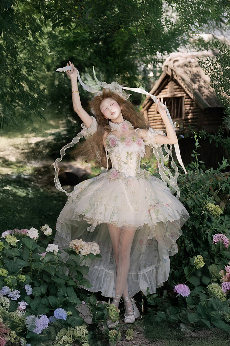 Green [Spring Rose] Sleeveless Multi-Layered Bowknot Lace-Up Fishbone Sweet Lolita Jsk Dress - Product - 13