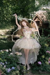 Green [Spring Rose] Sleeveless Multi-Layered Bowknot Lace-Up Fishbone Sweet Lolita Jsk Dress - Product - 13