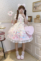 Yellow [Cute Rabbit Sweet Cake] Print Ruffle Bowknot Lace Sweet Lolita Jsk Dress - Product - 9