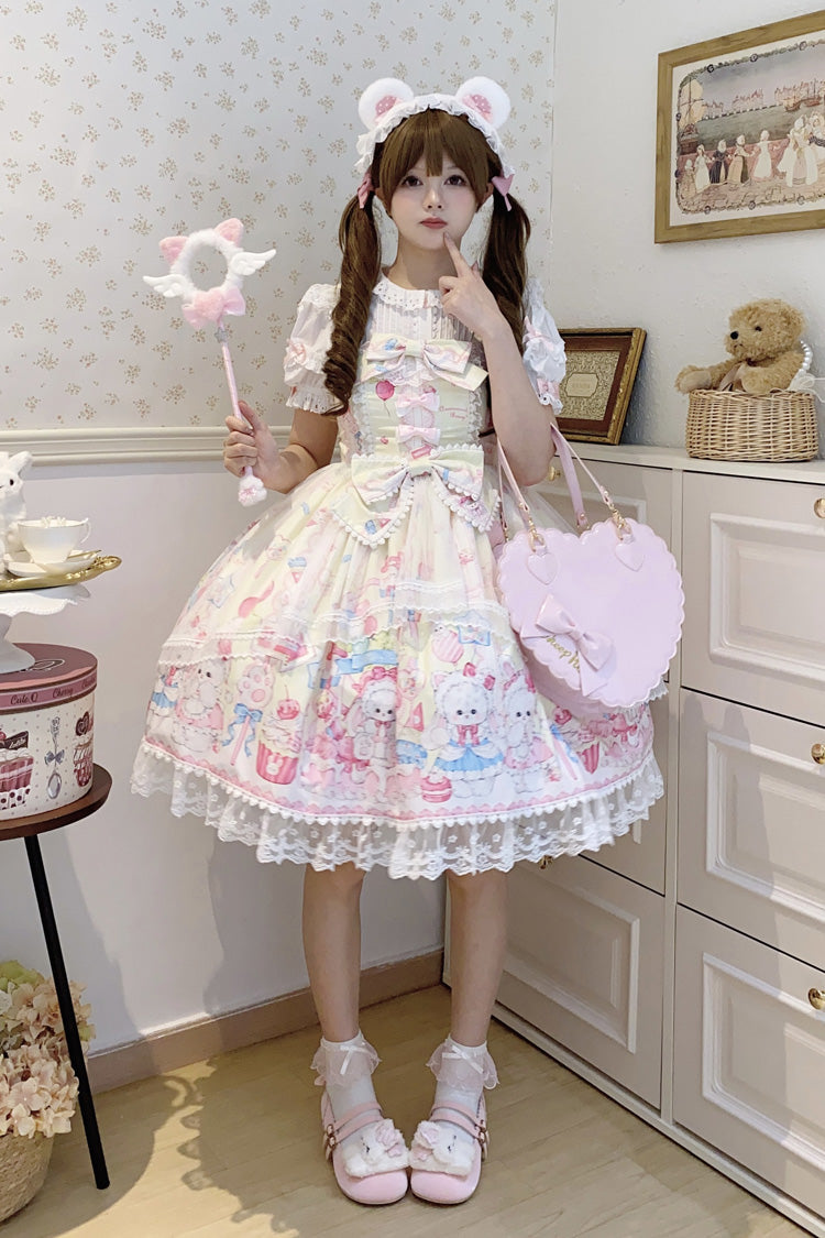 Yellow [Cute Rabbit Sweet Cake] Print Ruffle Bowknot Lace Sweet Lolita Jsk Dress - Product - 9
