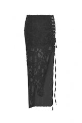 Black Lace-Up Ripped Women's Punk Split Long Skirt - Product - 3
