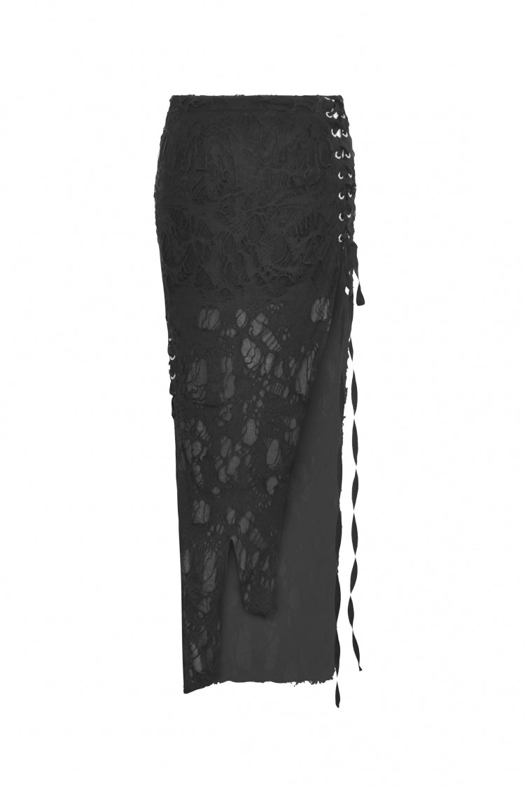 Black Lace-Up Ripped Women's Punk Split Long Skirt - Product - 3