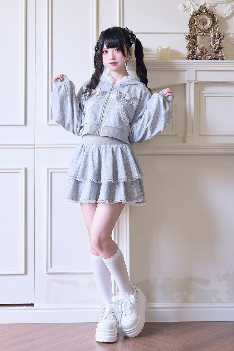 Sweet Long Sleeves Bowknot Lace Hooded Jirai Kei Hoodie Skirt Set 3 Colors - Product - 12