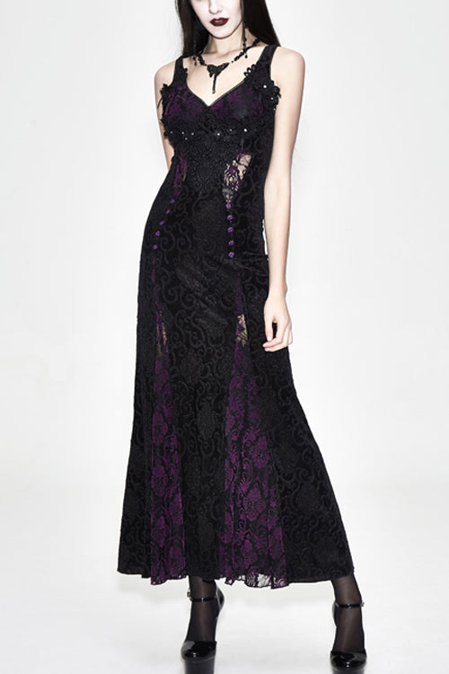 Gothic Nipped Waist Black With Purple Long Rose Lace Womens Dress - image 1