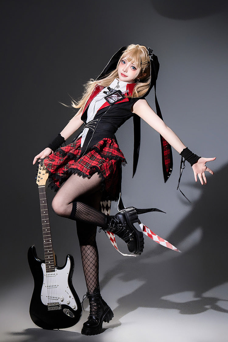 Black/Red [Rock Bunny] Sleeveless Double-Layered Embroidery Hooded Punk Lolita Skirt Set - Product - 10