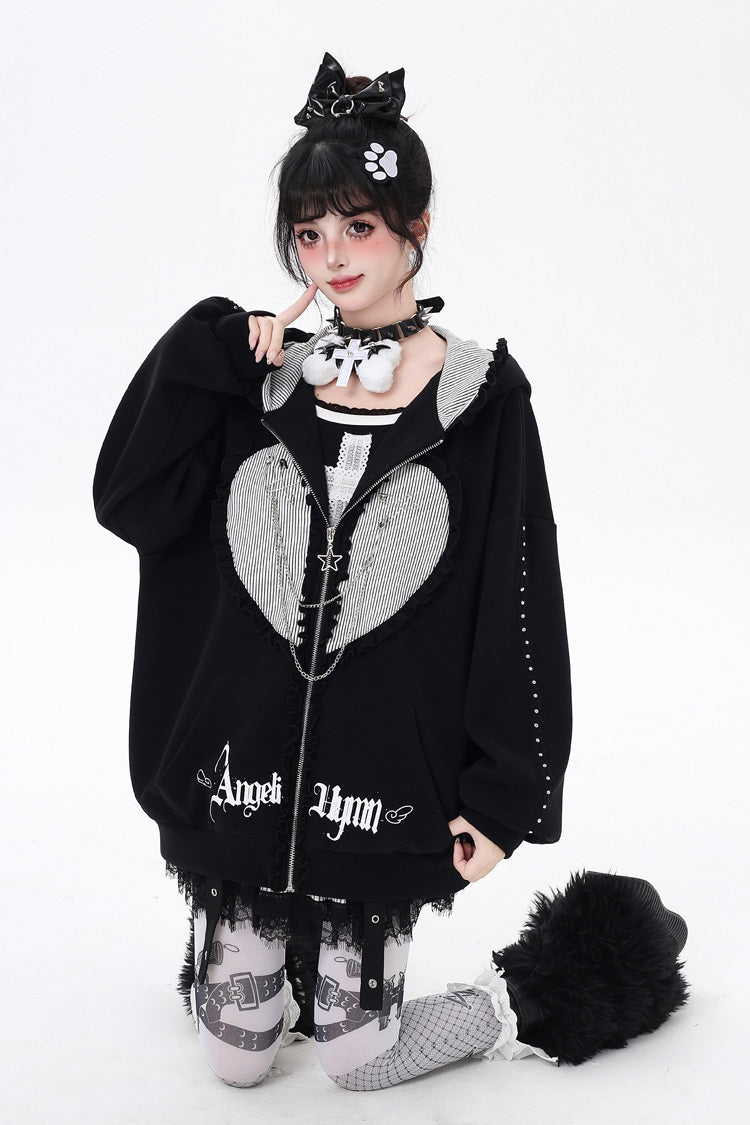[Striped Bunny Ears] Long Sleeves Heart Print Embroidery Hooded Zipper Sweet Jirai Kei Cool Lolita Coat 2 Colors - Product - 2
