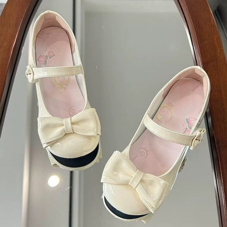 Round-Toe Bowknot Sweet Lolita Velcro Buckle Mary Jane Shoes 2 Heel Heights - Cream(3cm) - 7