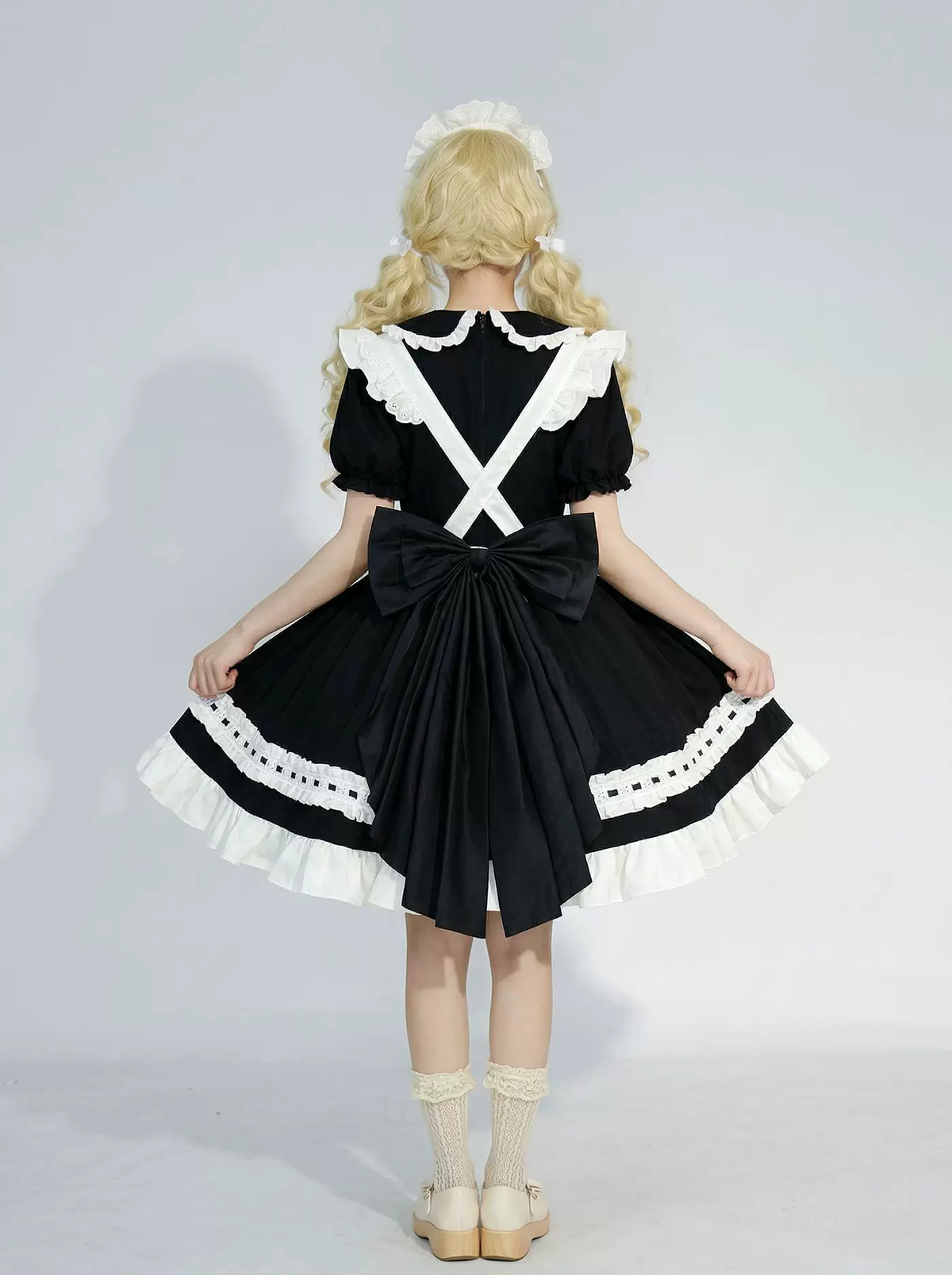 Black and Red Ruffled Maid Lolita Dress with Apron Bow Accent - view 5
