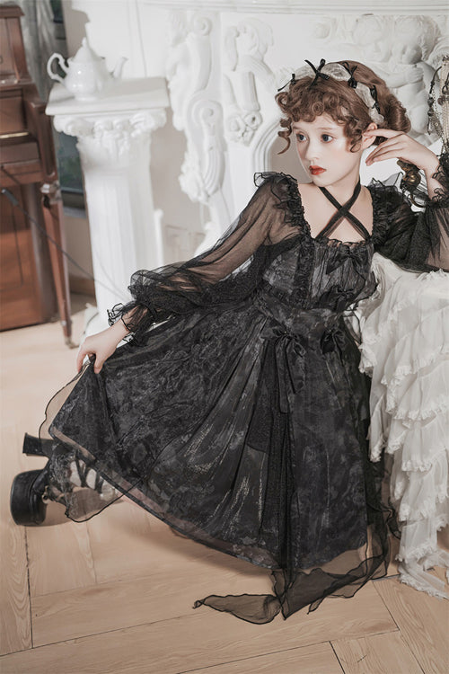 Black Ruffled Strap Mesh Lantern Sleeves High Waisted Irregular Hem Gothic Lolita OP Dress - Product - 6