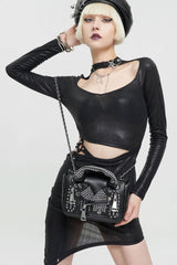 Black Punk Leather Imitation Collar Design Metal Rivet Zipper Women's Bag - Product - 3
