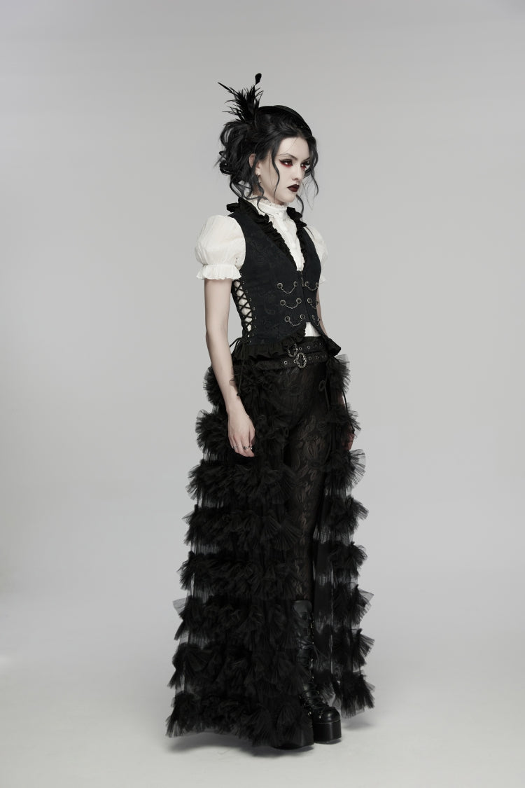 Black Jacquard Lace Lace-Up Slim Pleated Women's Gothic Palace Vest - Product - 3