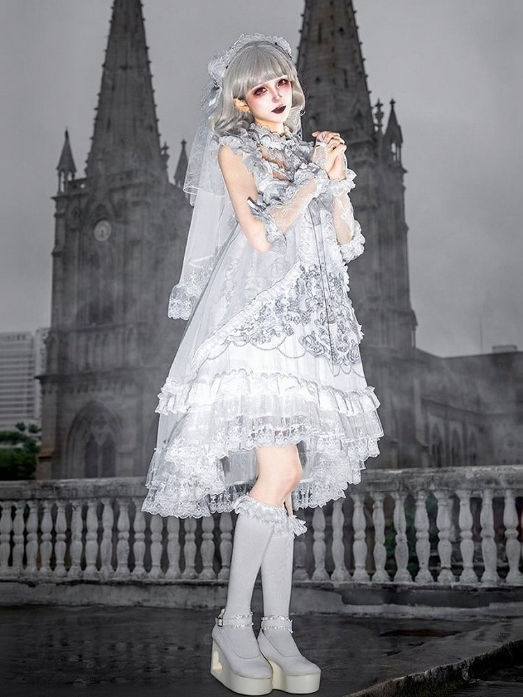 Gothic White Candle Print Waistless Lolita JSK Dress with Lace Details + Choker + Candle Embroidered Brooch Set - view 5