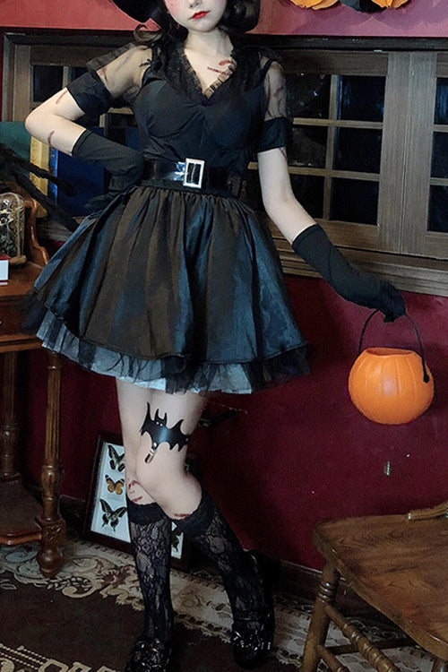 Black V Collar Demon Witch Gothic Lolita Dress Full Set - Black - 1