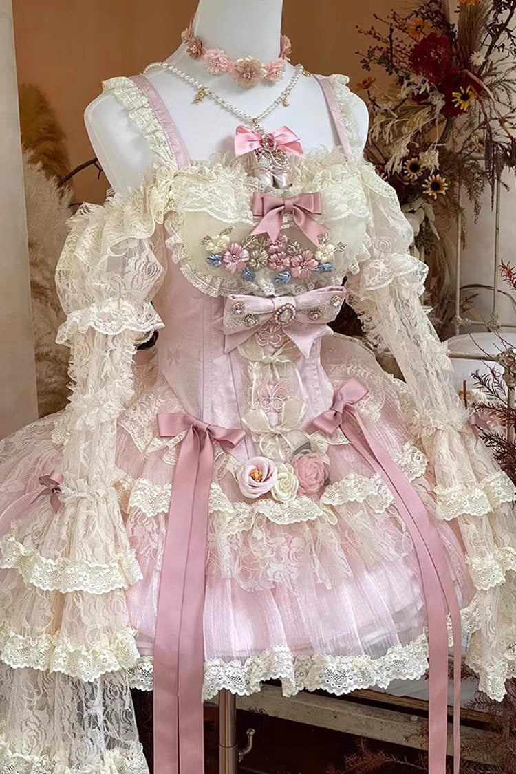Pink Delicate Lace Flowers Love Song Bowknot Lace Sweet Lolita Dress - Product - 3
