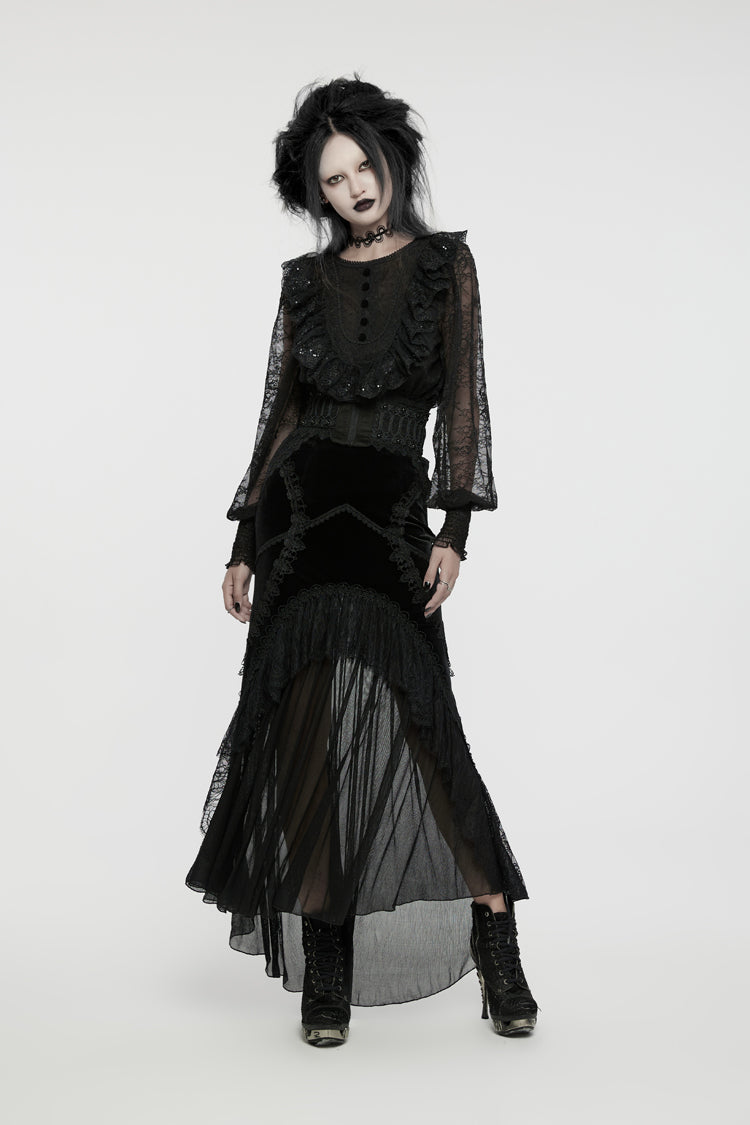 Black Round Collar Long Lantern Sleeves Ruffle Lace Women's Gothic Blouse - Product - 4