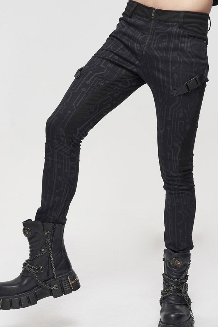 Black Punk Casual Circuit Diagram Print Asymmetric Decoration Men's Long Pants - Product - 7