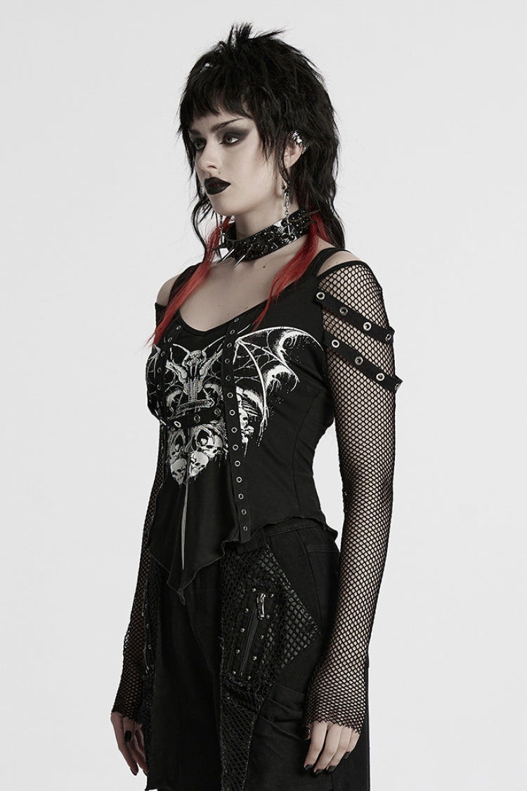 Black Long Sleeves Cutout Skull Print Stitching Mesh Women's Punk Blouse - Product - 2