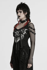 Black Long Sleeves Cutout Skull Print Stitching Mesh Women's Punk Blouse - Product - 2