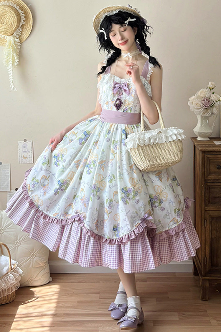 [Blueberry Early Summer] Sleeveless Print Ruffle Bowknot Sweet Lolita Jsk Dress 2 Colors (Plus Size Version) - Product - 2