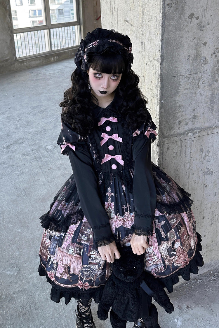 Black [The Case of the Missing Lamb] Print Long Sleeves Ruffle Bowknot Lace Gothic Lolita Dress - Product - 15