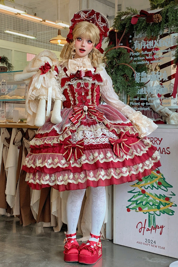 Red [Crown of Gems] Triple-Layered Ruffle Bowknot Lace Sweet Gorgeous Lolita Jsk Dress - Red - 1