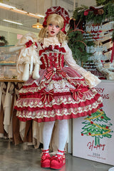 Red [Crown of Gems] Triple-Layered Ruffle Bowknot Lace Sweet Gorgeous Lolita Jsk Dress - Red - 1