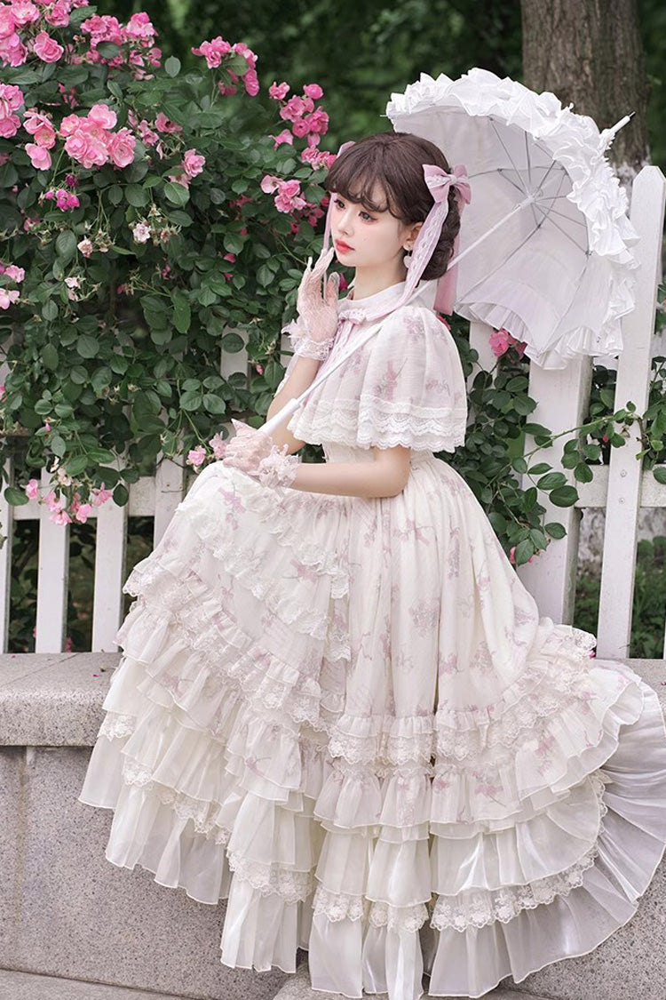 Multi-Color Bellflower Print Ruffle Lace Sweet Princess Lolita Dress - Product - 4