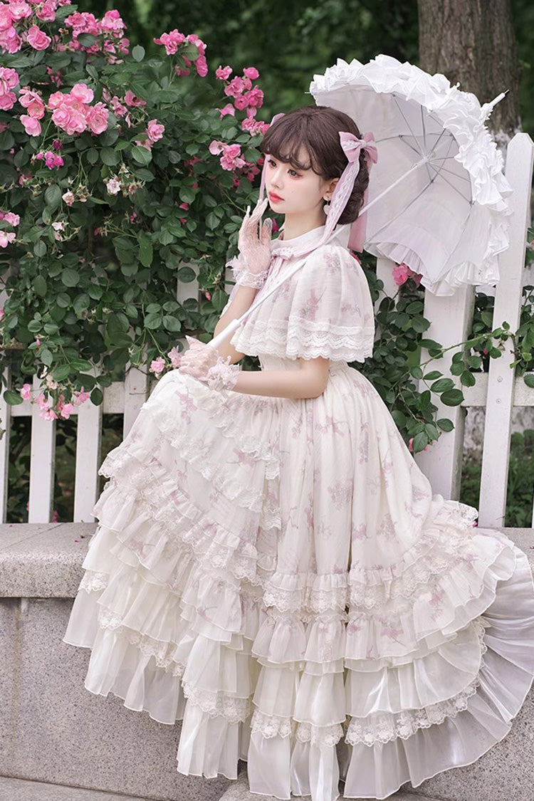 Multi-Color Bellflower Print Ruffle Lace Sweet Princess Lolita Dress - Product - 4