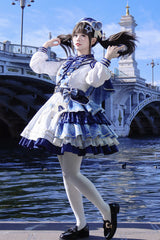 White/Blue [Starlight Academy Style] Long Sleeves Printed Ruffled Spliced Asymmetric Faux Two-Piece Sweet Lolita Dress - Product - 5