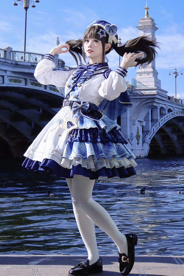 White/Blue [Starlight Academy Style] Long Sleeves Printed Ruffled Spliced Asymmetric Faux Two-Piece Sweet Lolita Dress - Product - 5
