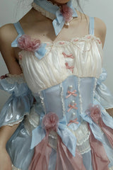 Blue [Heartbeat] Multi-Layered Ruffle Bowknot Lace Sweet Princess Lolita Jsk Dress - Product - 4