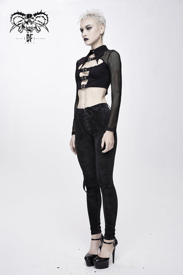 Black Bat Collar Splice Mesh Long Sleeve Chest Hasp Short Women's Punk T-Shirt - Product - 4