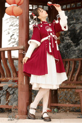 Red Round Collar Long Sleeves High Waisted Rabbits Embroidery Sweet Hanfu Dress Full Set - Product - 5
