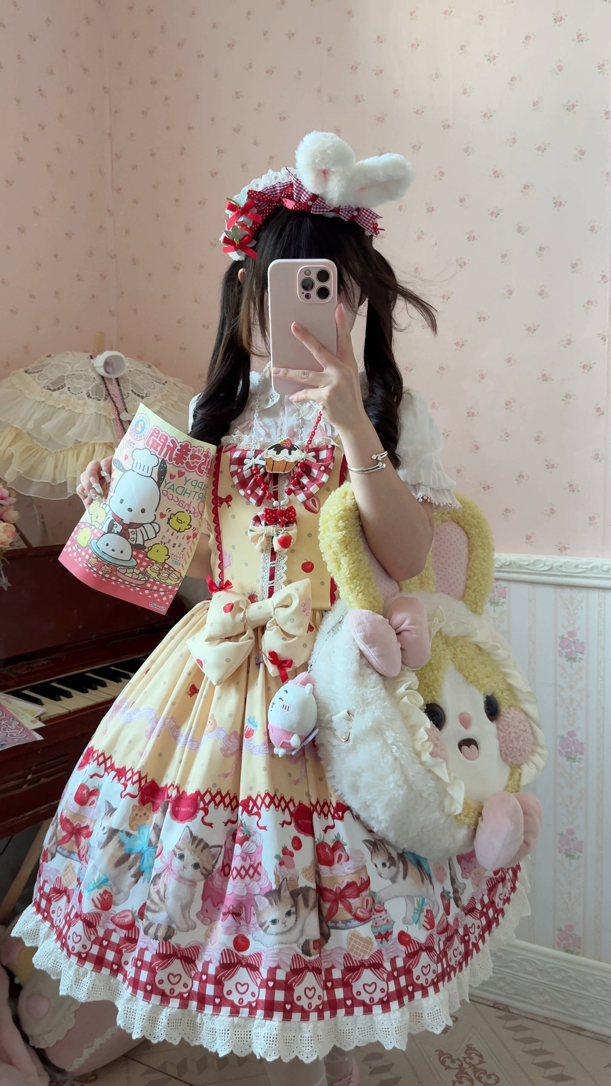 [Strawberry Cake Kitty] Sleeveless Printed Bow Lace Sweet Lolita Strap Dress 3 Colors - Yellow - 5