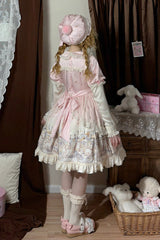 Pink [Angel Lamb] Lapel Collar Short Sleeves Printed Ruffled Bow Sweet Lolita Dress - Product - 6