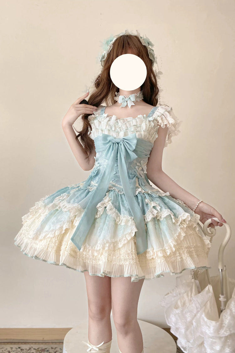 Green [Floral Dream] Short Sleeves Multi-Layered Ruffle Embroidery Bowknot Lace-Up Sweet Elegant Ballet Lolita Jsk Dress - Green - 1