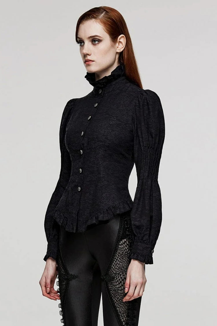 Black Stand Collar Long Puff Sleeves Ruffle Womens Gothic Blouse - Product - 2