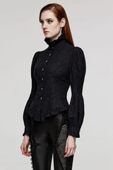 Black Stand Collar Long Puff Sleeves Ruffle Womens Gothic Blouse - Product - 2