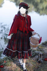 Red [Little Red Riding Hood] Double-Layered Plaid Print Ruffle Bowknot Sweet Vintage Lolita Jumper Dress - Product - 6