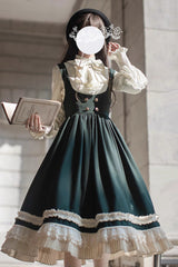 Green [Artemis SP] Ruffle Bowknot Lace College Style Elegant Lolita Jumper Dress - Product - 14