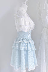 White/Blue Short Sleeves Double-Layered Ruffle Hollow Bowknot Lace-Up Jirai Kei Japanese Skirt Set - Product - 5
