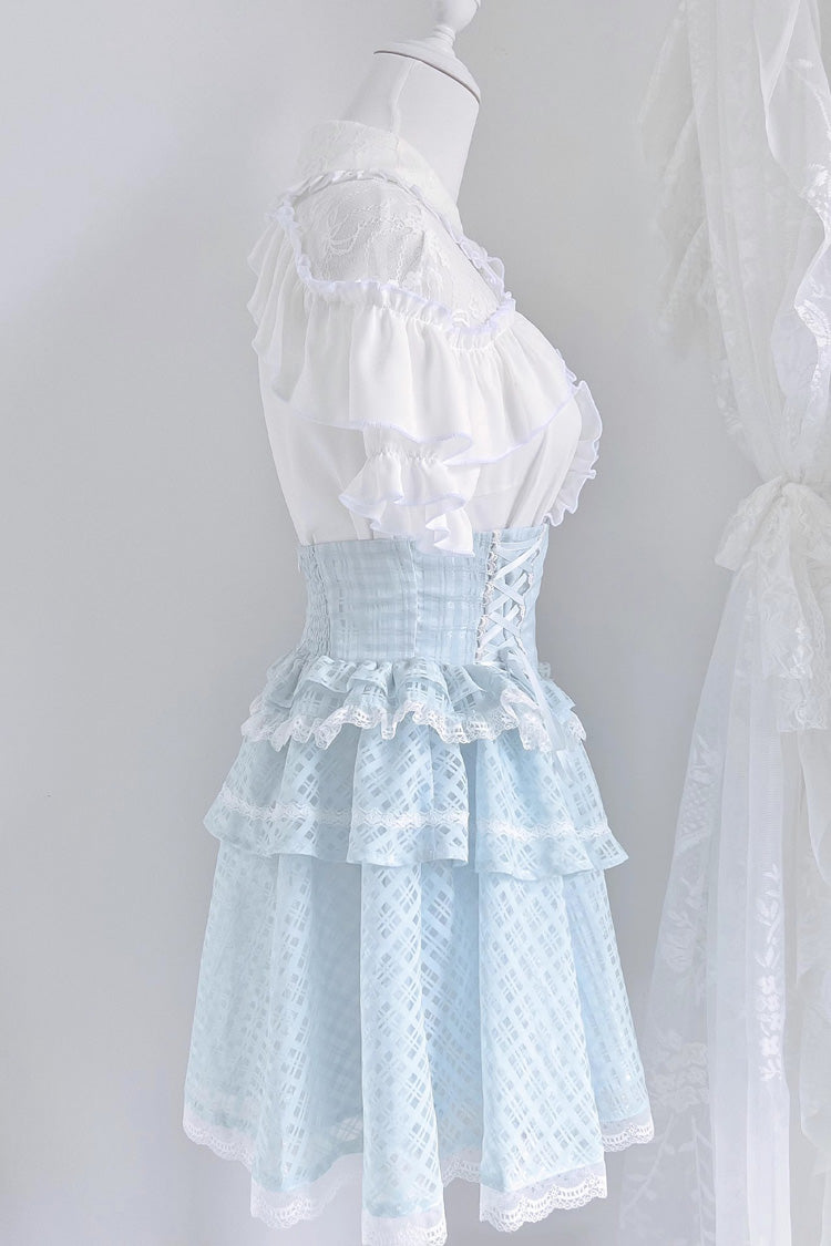 White/Blue Short Sleeves Double-Layered Ruffle Hollow Bowknot Lace-Up Jirai Kei Japanese Skirt Set - Product - 5