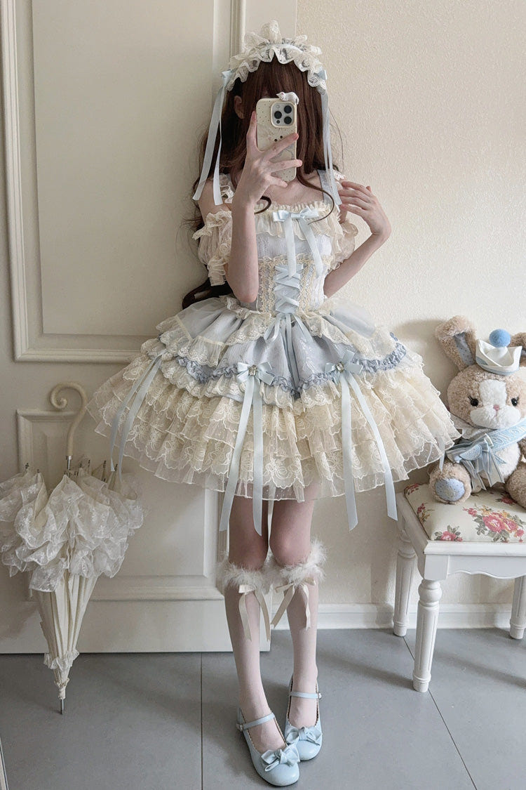 Blue [Ribbon Heart Love] Sleeveless Multi-Layered Ruffle Bowknot Lace Lace-Up Sweet Princess Ballet Lolita Jsk Dress - Product - 9