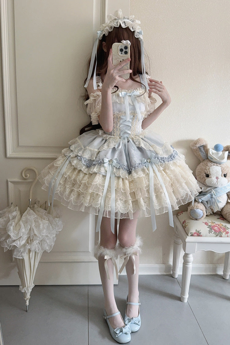 Blue [Ribbon Heart Love] Sleeveless Multi-Layered Ruffle Bowknot Lace Lace-Up Sweet Princess Ballet Lolita Jsk Dress - Product - 9