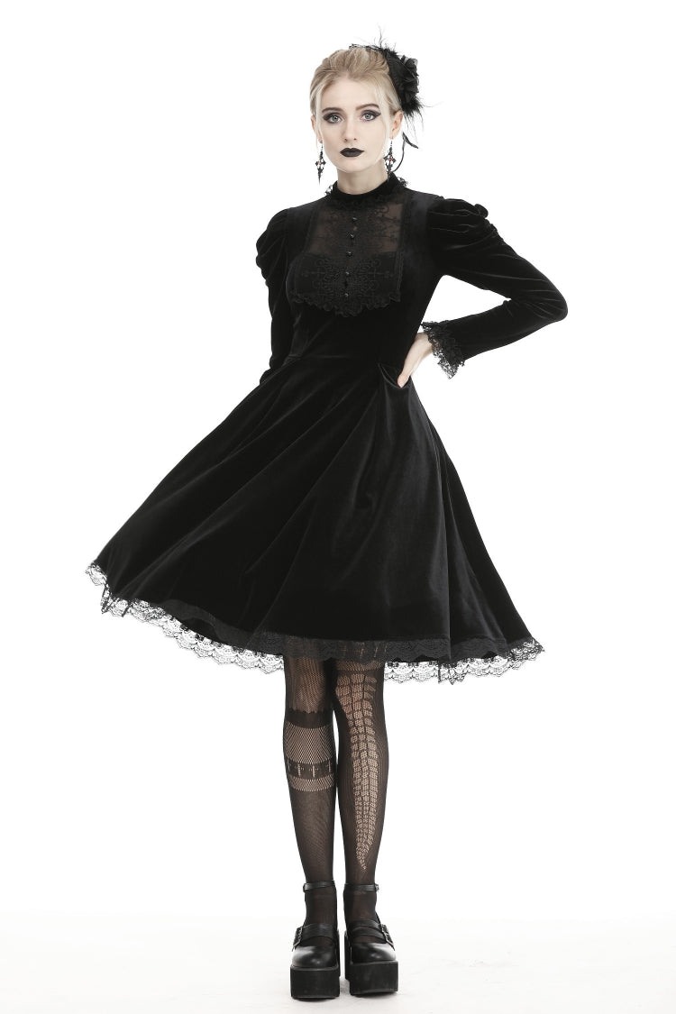 Black Lace Long Puff Sleeves Women's Gothic Velet Dress - Product - 2
