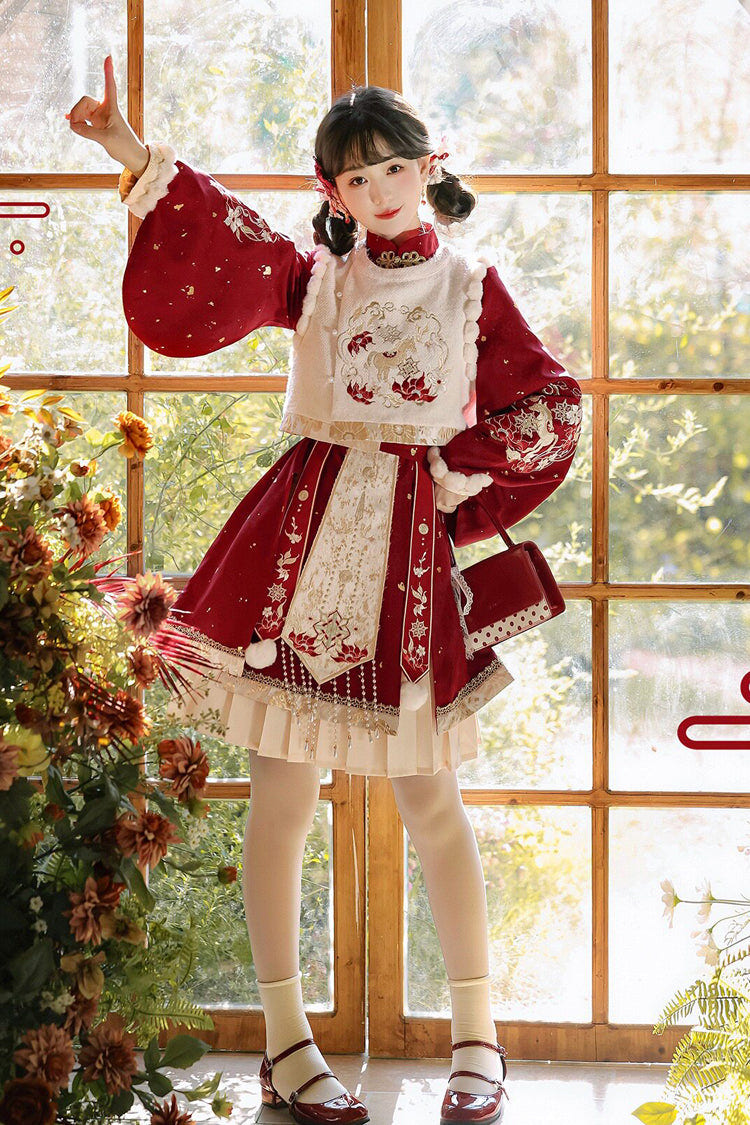 Red [The Horse of the New Spring] Stand Collar Lantern Sleeves High Waisted Jacquard Embroidered Women's Sweet Hanfu Dress Set - Red - 1