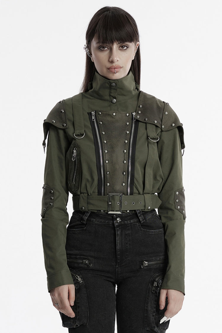 Green Stand Collar Long Sleeves Stitching Faux Leather Women's Gothic Military Jacket - Green - 1