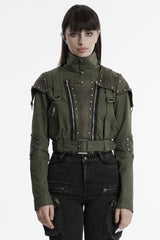 Green Stand Collar Long Sleeves Stitching Faux Leather Women's Gothic Military Jacket - Green - 1