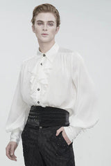 White Puff Sleeved Ruffled Lace Splice Men's Gothic Shirt - Product - 5