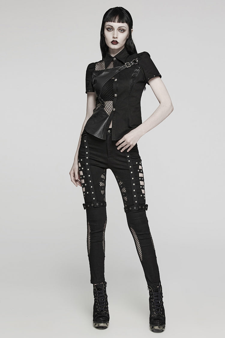 Black Mesh Women's Punk Cutout Eyelet Jeans - Product - 4